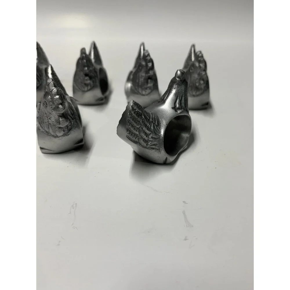 Vintage Silver Metal Chicken Napkin Rings Set of 6 Farmhouse Rooster Decor